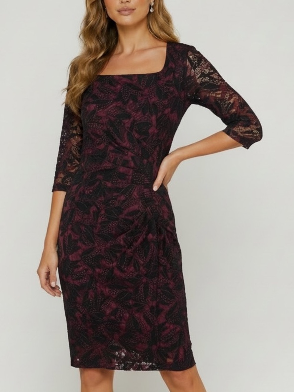 NWT MEAVE Printed Lace Short Sleeve Velvet Ruched Cocktail Evening Dress Size 6
